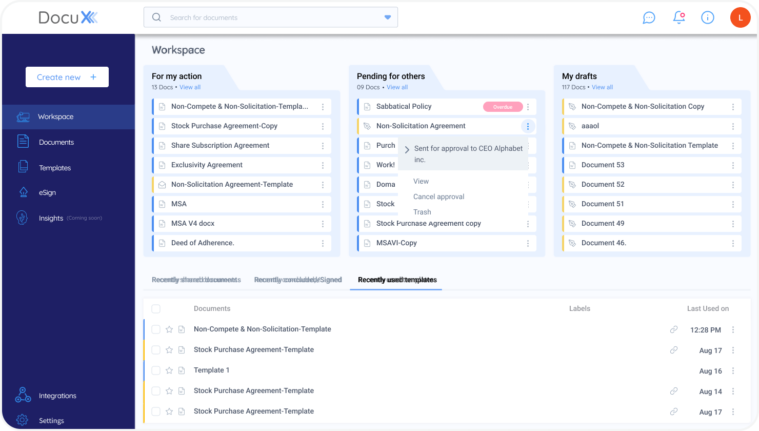 DocuX dashboard