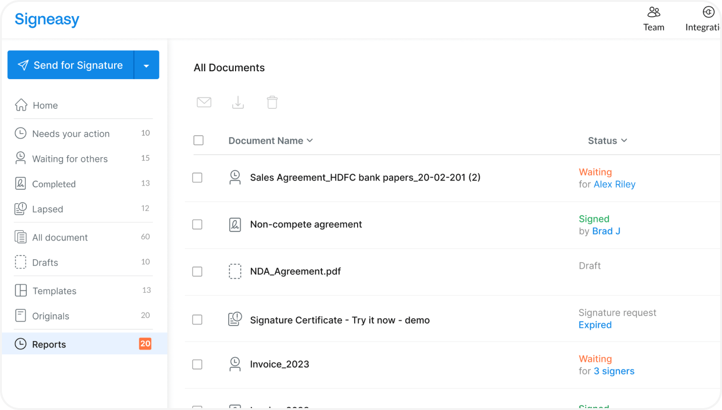 Signeasy dashboard