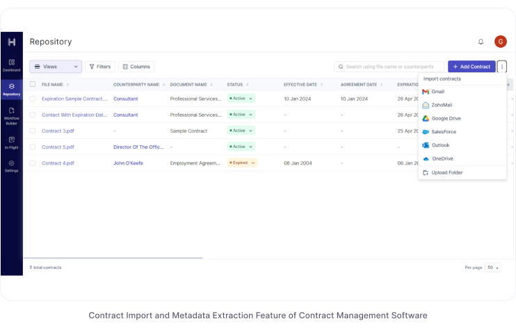 Contract import and metadata extraction feature